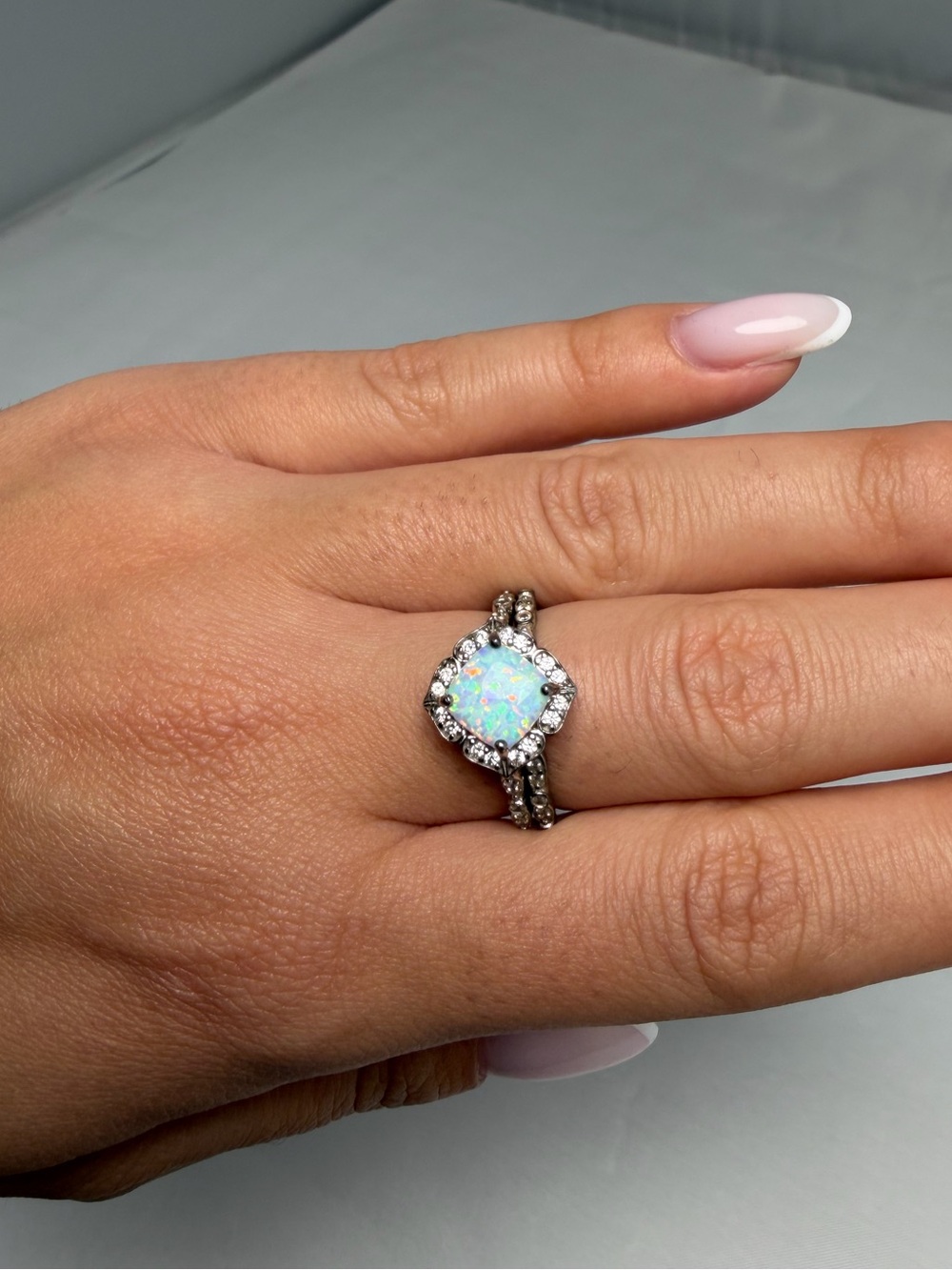 Sterling Silver Lab Opal CZ Halo Engagement Wedding Ring Set 2 Piece Sz 8 White